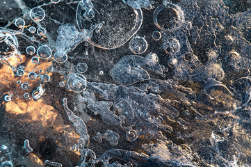 Texture abstract closeup background ice with grooves, furrows, and bubbles of air caught by frost...