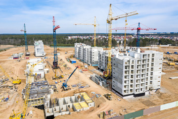 building of new city residential area. city construction site, aerial top view