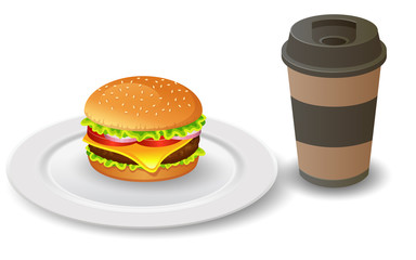 burger and hot coffee on the white background