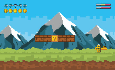 Arcade game world and pixel scene design  vector illustration