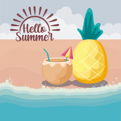 summer beach with cocktail of coconut and pineapple