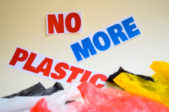 No more plastic message. It shows a plastic with motto and selective focus no more plastic text.