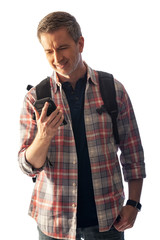 Hiker using a cellphone to make a phone call to ask for directions or help.  Isolated on white...