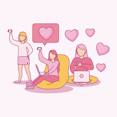 group of women using laptop and smartphone device