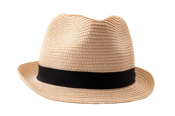Summer and beach fashion, personal accessories and holiday headwear concept theme with a straw hat or fedora with a black strap or ribbon isolated on white background with a clip path cutout - obrazy, fototapety, plakaty