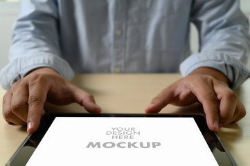 Mockup of business man using laptop screen for your advertising text message