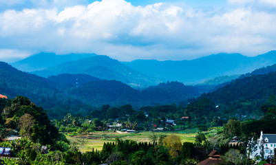 Fototapeta premium Mountain landscape background blue sky color and Mountaineering community