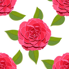 seamless pattern of bright large Camellia flowers with green leaves on white background