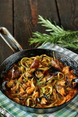 Keto Pasta Zucchini (noodles) Zoodles Spaghetti With Mussels In Tomato Sauce In A Frying Pan. Low-Carb keto. Spaghetti Tarantina. copy space. space for text. recipes for fatty protein foods 