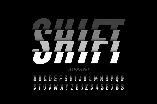 Modern font design, shifted style alphabet, letters and numbers