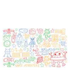 Vector set of space elements icons in doodle style. Painted, colorful, pictures on a piece of paper on white background.