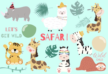 Collection of wild animal set with giraffe,tiger,zebra,sloth,llama