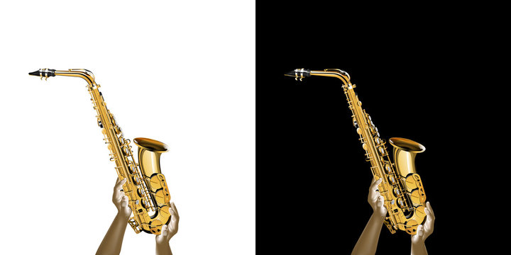 Golden saxophone in the hands. Isolated object on white and black background.