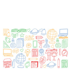 Vector set of Back to School icons in doodle style. Painted, colorful, pictures on a piece of paper on white background.