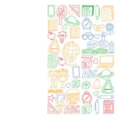 Vector set of Back to School icons in doodle style. Painted, colorful, pictures on a piece of paper on white background.