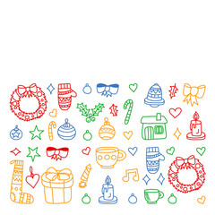 Vector set of Christmas, holiday winter days 2019, 2020, vector illustration. New Year's pattern, children's drawings with a teacher icons in doodle style. Painted, colorful, pictures on a piece of