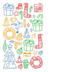 Vector set of Christmas, holiday winter days 2019, 2020, vector illustration. New Year's pattern, children's drawings with a teacher icons in doodle style. Painted, colorful, pictures on a piece of