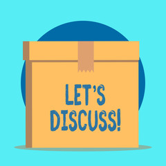 Writing note showing Let S Discuss. Business concept for asking someone to talk about something with demonstrating or showing Rectangular equal size hard carton cardboard with irregular zigzag tape