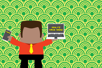 Handwriting text writing Reality Check Ahead. Conceptual photo makes them recognize truth about situations or difficulties Standing professional man tie holding left open laptop right mobile phone