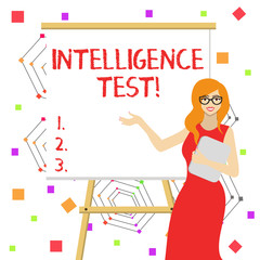 Word writing text Intelligence Test. Business photo showcasing test designed to measure the ability to think and reason White Female in Glasses Standing by Blank Whiteboard on Stand Presentation