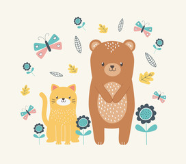 Cat and bear cartoon design vector illustration