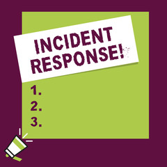 Word writing text Incident Response. Business photo showcasing addressing and analysisaging the aftermath of a security breach Speaking trumpet on left bottom and paper attached to rectangle