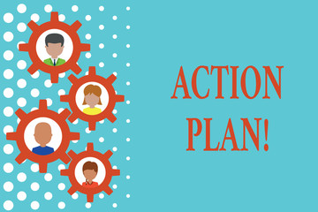 Text sign showing Action Plan. Business photo text proposed strategy or course of actions for certain time Gearshaped picture frame family ornament mother father daughter son photo