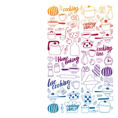 Vector set of children's kitchen and cooking drawings icons in doodle style. Painted, black gradient, pictures on a piece of paper on white background.