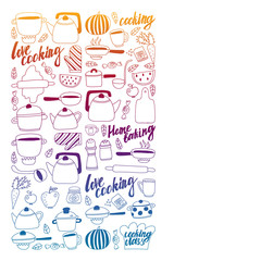 Vector set of children's kitchen and cooking drawings icons in doodle style. Painted, black gradient, pictures on a piece of paper on white background.