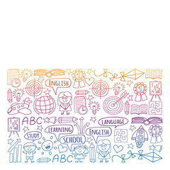 Vector set of learning English language, children's drawingicons icons in doodle style. Painted, black gradient, pictures on a piece of paper on white background.