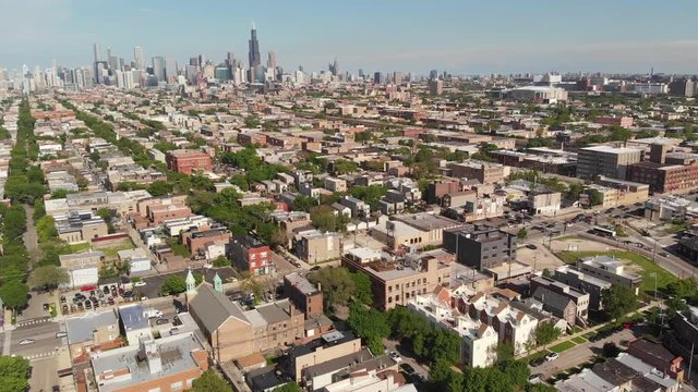 Aerial view of Chicago skyline over neighborhood