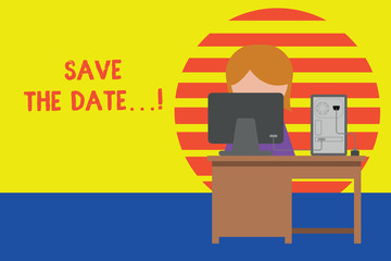 Writing note showing Save The Date. Business concept for Organizing events well make day special event organizers Young female working in office computer office monitor photo