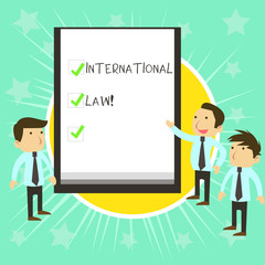 Text sign showing International Law. Business photo text system of treaties and agreements between nations Business People Colleagues Discuss Missions Presentation Whiteboard Ticks