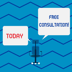 Conceptual hand writing showing Free Consultation. Concept meaning meeting to discuss something or to get advice without fee Wheeled work chair with three wheels and arms presenting speech