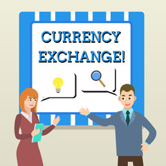 Handwriting text Currency Exchange. Conceptual photo rate at which one currency will be exchanged for another Business Partners Colleagues Jointly Seeking Problem Solution Generate Idea