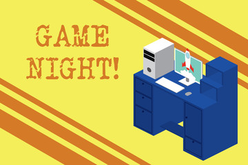 Handwriting text Game Night. Conceptual photo usually its called on adult play dates like poker with friends Working desktop station drawers personal computer launching rocket clouds
