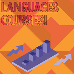 Writing note showing Languages Courses. Business concept for set of classes or a plan of study on a foreign language Clustered 3D Bar Chart Graph in Perspective with Two Arrows
