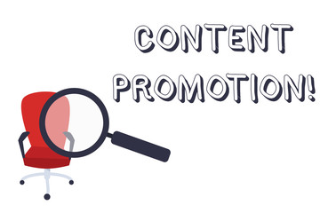 Conceptual hand writing showing Content Promotion. Concept meaning about getting content in front of the right audience Magnifying Glass Directed at Red Swivel Chair with Arm Rests