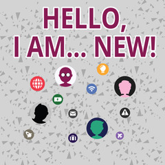 Fototapeta premium Word writing text Hello I Am New. Business photo showcasing used greeting or begin telephone conversation Networking Technical Icons with Chat Heads Scattered on Screen for Link Up