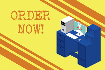 Handwriting text Order Now. Conceptual photo confirmed request by one party to another to buy sell Working desktop station drawers personal computer launching rocket clouds