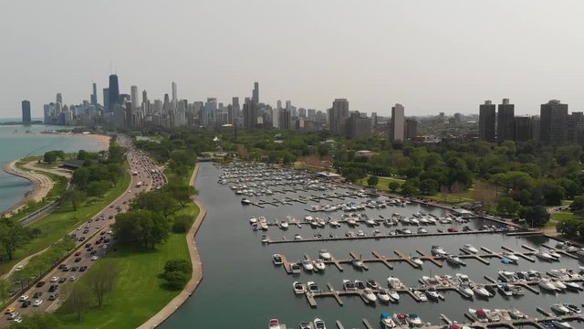 Aerial drone view of Chicago Skyline camera moves down