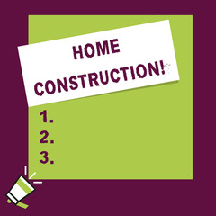 Word writing text Home Construction. Business photo showcasing the process of constructing a living accommodation Speaking trumpet on left bottom and paper attached to rectangle background