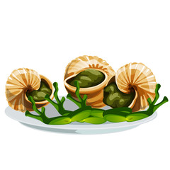 Escargot, a delicious French dish of snails isolated on white background, animated frog legs. Vector cartoon close-up illustration.
