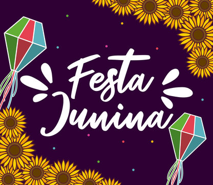 festa junina card with sunflowers and lanterns