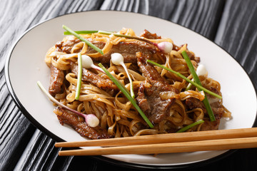 Beef Chow Fun a staple Cantonese dish, made from stir-frying beef, wide rice noodles and vegetables closeup on the plate. Horizontal