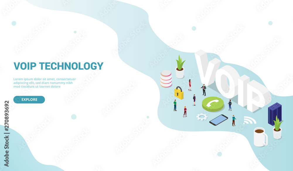 Poster voip voice over internet protocol concept with big words and team people and icon for website templa
