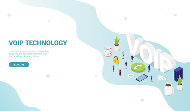 voip voice over internet protocol concept with big words and team people and icon for website template design landing homepage - vector