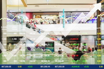Stock financial index data presentation blurry background of successful investment on sale promotion at shopping mall.