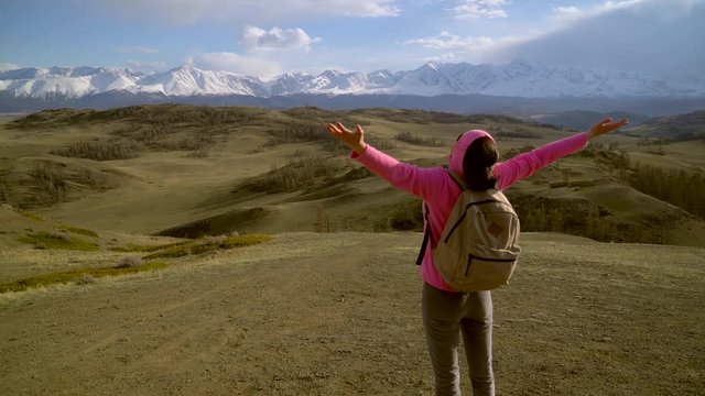 Hiker tourist traveler woman with backpack, trekking walking climbing on top mountain. Active lifestyle hiking girl woman enjoying vacation travel adventure summer beautiful landscape nature s4 K