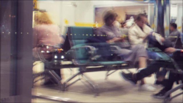 takeoff airplane blurred background aircraft flight concept reflection in the glass night double video. people at the airport in the waiting room waiting for the plane to lifestyle take off